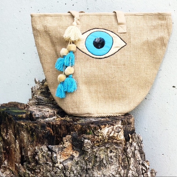 Last 1! Large Tote Tassel Evil Eye Bag - Picture 3 of 5